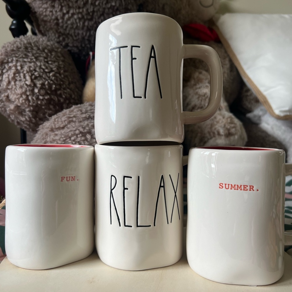 Rae Dunn Cream Ceramic Mug Set with Black Lettering and Red Accents